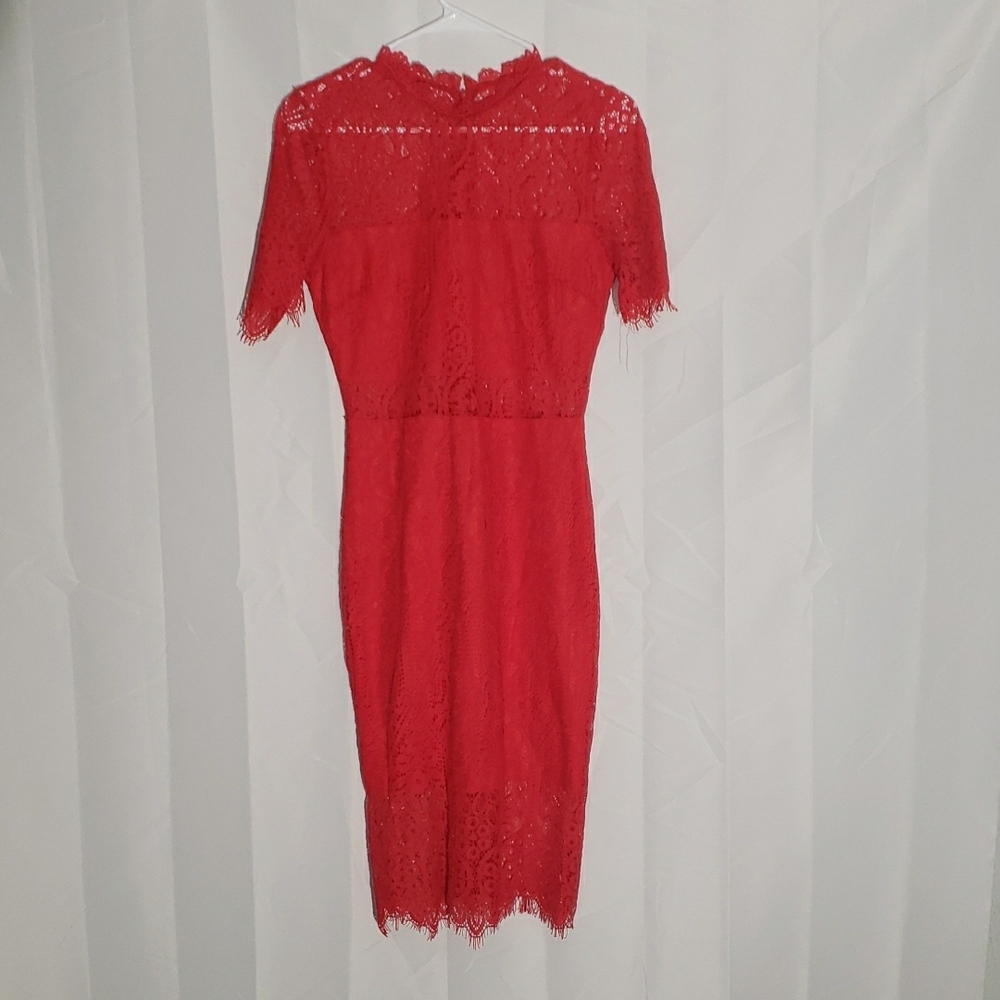 Lulus Red Lace Dress modest neckline peekaboo lace upper and midriff. Size SM